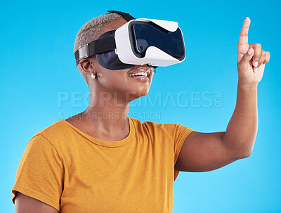 Buy stock photo Black woman, metaverse and virtual reality, touch screen with future technology and 3D on blue background. User experience, VR goggles and female person, digital world and  gaming software in studio
