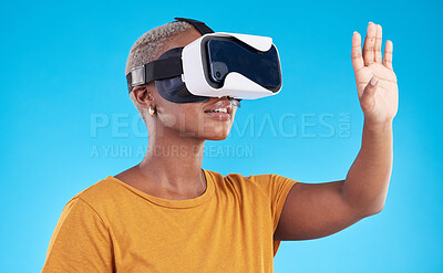 Buy stock photo Black woman, metaverse and virtual reality with future technology and 3D isolated on blue background. User experience, VR goggles and female person, digital world and software with gaming in a studio