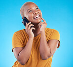 Happy woman, phone call and ideas or university decision, listening to news and feedback on a blue, studio background. African person or student on mobile communication, thinking and future planning
