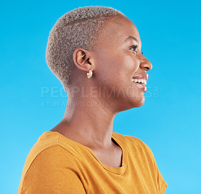 Buy stock photo Black woman, profile and thinking in studio with blue background or talking about vision, idea and hope for future. African, college student or person with happiness, focus and motivation for goals
