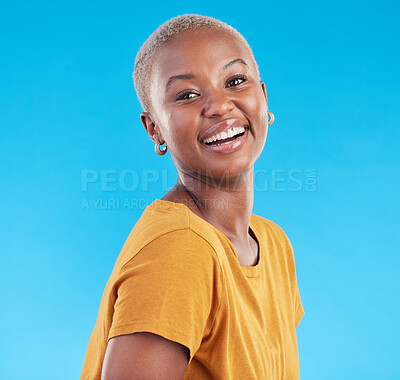 Buy stock photo Portrait, fashion and funny black woman in studio isolated on a blue background. Face, happy and young African person, model or girl from Kenya laughing with style in casual clothes and tshirt mockup