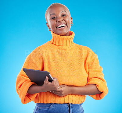 Buy stock photo Portrait, happy or black woman in studio with tablet for schedule planning on blue background. Internet, face or confident African entrepreneur with technology for online review, news or feedback