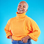 Studio, portrait and happy African woman with fashion, natural beauty and confidence in casual style or clothes on blue background. Face, smile and happiness in winter clothing or college student