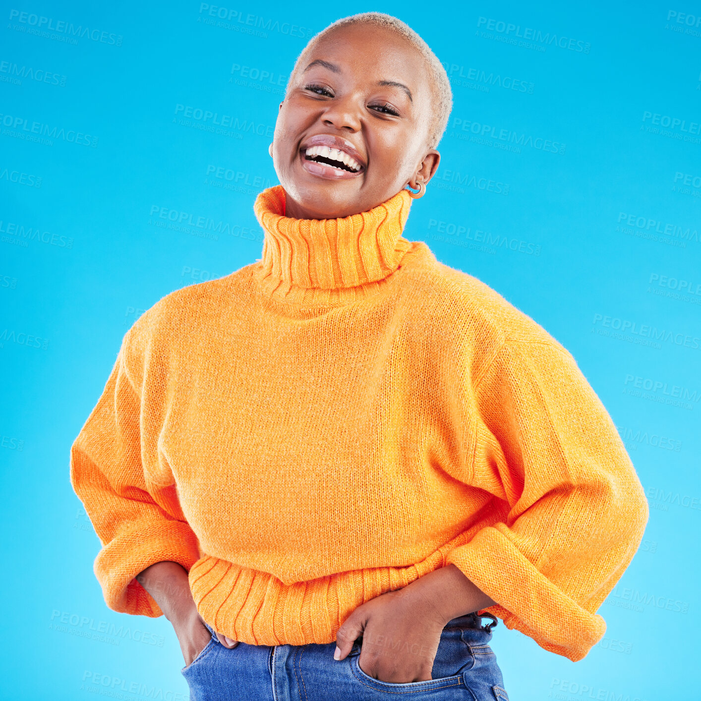Buy stock photo Studio, portrait and happy African woman with fashion, natural beauty and confidence in casual style or clothes on blue background. Face, smile and happiness in winter clothing or college student