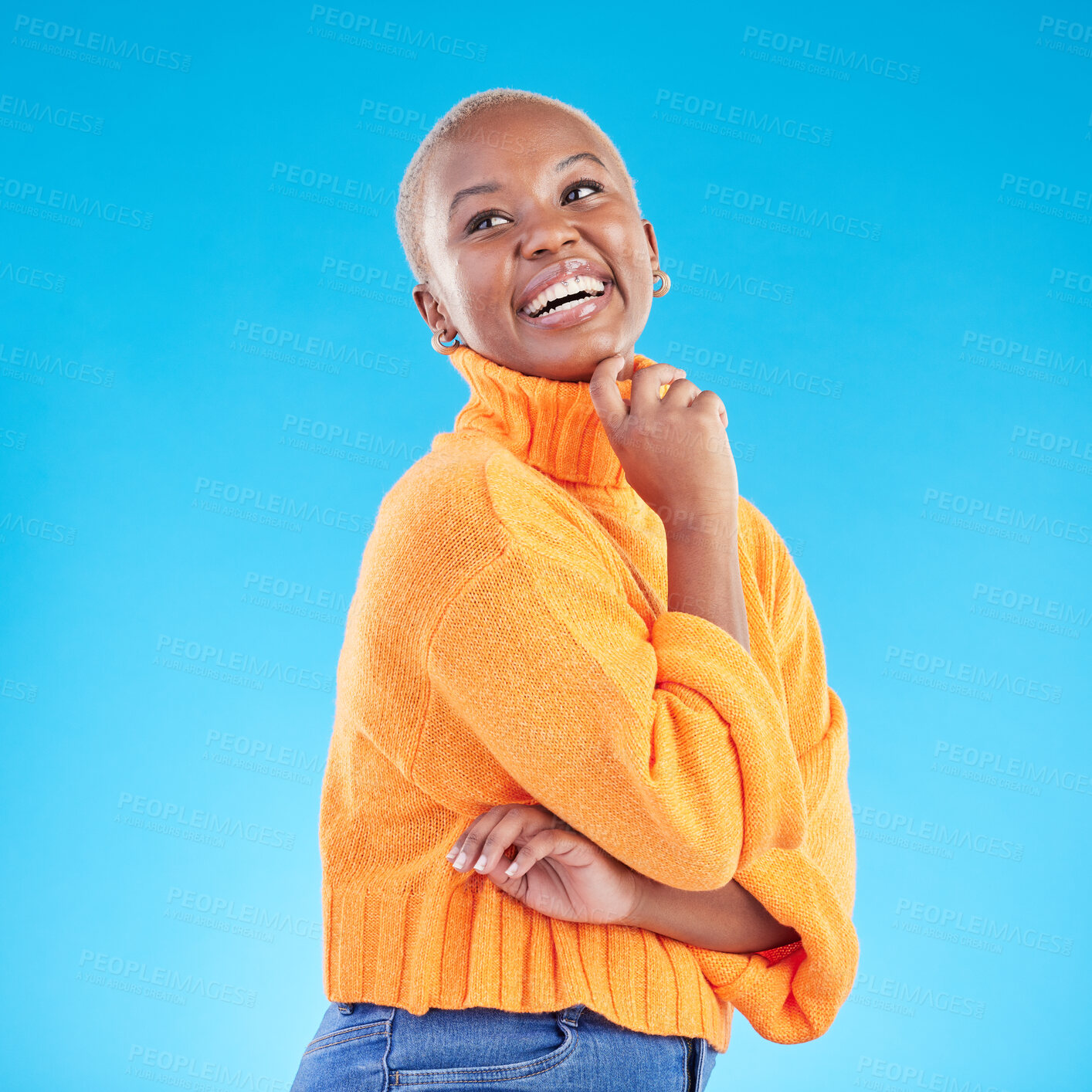 Buy stock photo Happy, African woman and thinking of fashion in studio, blue background or natural beauty and confidence in casual style or clothes. College student, arms crossed and happiness in winter clothing