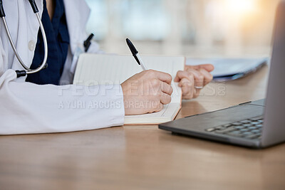 Buy stock photo Hands, healthcare and a doctor writing in a notebook while in an office in the hospital for planning. Medical, health or consulting with a medicine professional in a clinic to schedule an appointment