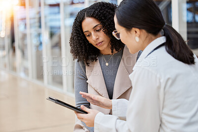 Buy stock photo Doctor, woman patient and tablet for discussion with results, medical info and presentation for healthcare with data. Japanese medic, digital touchscreen or consulting for surgery, wellness or advice
