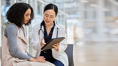 Buy stock photo Doctor, woman patient and tablet for consulting with results, medical info and talk for healthcare with mockup space. Japanese medic, digital touchscreen or show video for surgery, wellness or advice