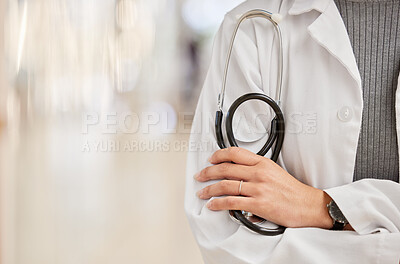 Buy stock photo Hands, doctor and person with arms crossed, stethoscope and health insurance in hospital. Closeup of medical surgeon, cardiology expert and woman consulting for healthcare services on mockup space
