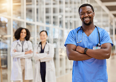 Buy stock photo Happy black man, portrait and doctor with arms crossed for medical services, advice and consulting in busy hospital. Surgeon, male nurse and healthcare therapist for expert, trust and pride in clinic