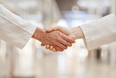 Buy stock photo Doctors, partnership and handshake for collaboration, agreement and teamwork. Shaking hands, medical professional and people in cooperation for healthcare, wellness and thank you, welcome and success