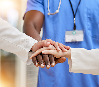 Buy stock photo Doctors, teamwork and hands together for support, collaboration and healthcare motivation, goals and faith. Hope, diversity and stack sign of medical people with clinic, hospital or surgery goals