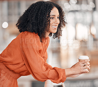 Buy stock photo Thinking, business woman and coffee at work with focus, positive mindset and pride in office. Profile of happy african female entrepreneur with cup to dream of opportunity, idea and vision for career