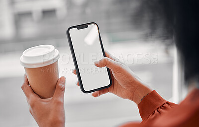 Buy stock photo Woman hands, phone screen and coffee for social media, online planning and Web 3.0 ui or ux design space. Business person with creative blog, inspiration and contact or communication marketing