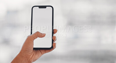 Buy stock photo Person hands, phone screen and mockup on social media, online scroll and Web 3.0 ui or ux design space. Business FAQ, information and contact on mobile technology for job search and marketing on blur