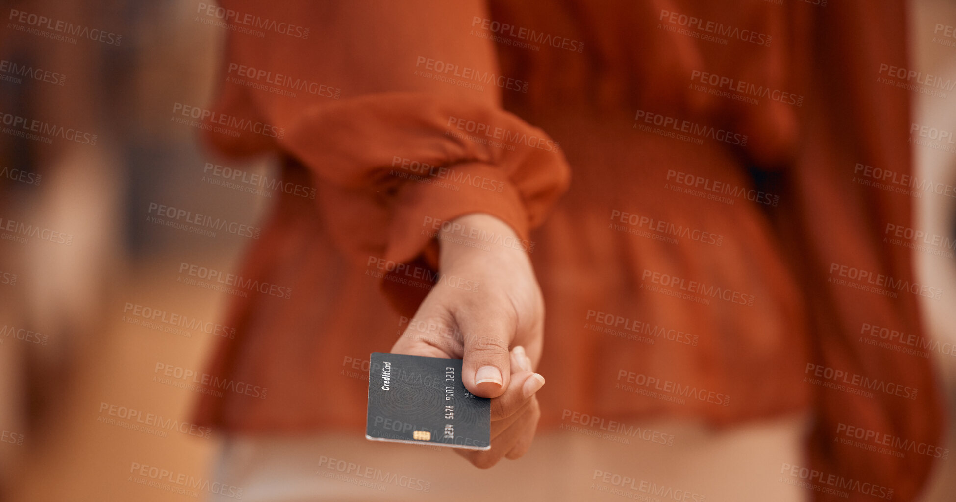 Buy stock photo Person hand, credit card and offer of payment, finance e commerce and point of sale, retail or fashion store. Debit, banking and investment of customer closeup for clothes shopping at POS transaction