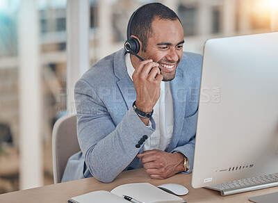 Buy stock photo Call center, listening and happy man at computer for telemarketing, support and crm in office. Contact us, smile and customer service professional, sales agent or consultant at help desk for business