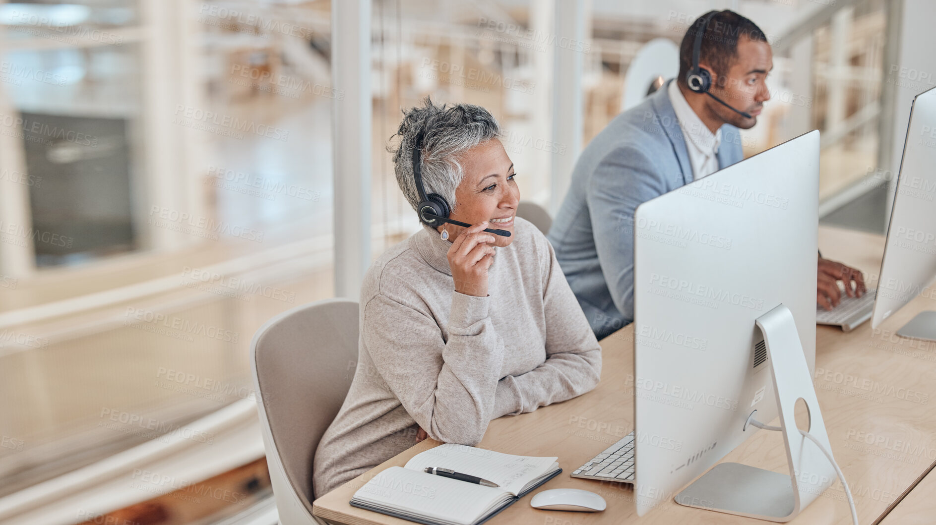 Buy stock photo Computer, consulting and a senior woman in a call center for customer service, support or assistance online. Contact, headset and elderly consultant working at a desk in her professional crm office