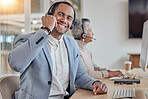 Smile, call centre and portrait of a man for customer service, crm or telemarketing. A happy man or consultant with a headset for networking, help desk advice or sales and technical support in office
