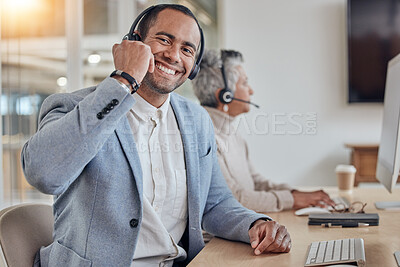 Buy stock photo Smile, call centre and portrait of a man for customer service, crm or telemarketing. A happy man or consultant with a headset for networking, help desk advice or sales and technical support in office