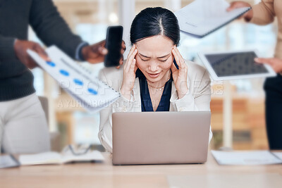 Buy stock photo Business woman, stress and headache for chaos, demand or anxiety of challenge in office. Frustrated, fatigue and tired asian worker with burnout, deadline or migraine in crisis of bad time management