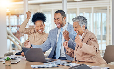Buy stock photo Celebrate, success and business people on laptop in office for online bonus, winning and achievement. Corporate, teamwork and excited man and women on computer for meeting, promotion and victory