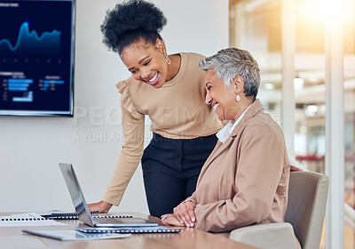 Buy stock photo Business women, laptop and reading together for analysis, progress and success with finance, crypto or trading. Senior CEO, financial advisor and computer in office for investment, coaching or ideas