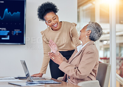 Buy stock photo Business women, laptop and happy together for analysis, results and comic joke with finance, crypto or trading. Senior CEO, financial advisor and computer at desk for investment, coaching or laughing