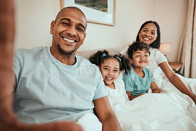 Buy stock photo Relax, selfie and happy family in bed together for social media, profile picture or relax with mom and dad in morning waking up. Parents, kids and smile on face in bedroom for quality time on holiday