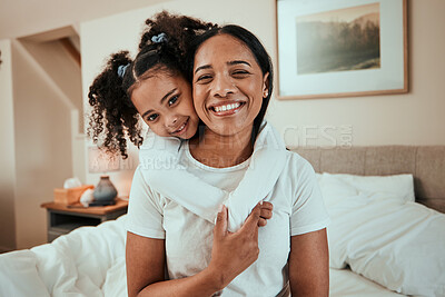 Buy stock photo Portrait, mother and girl with on a bed, hug and happiness with quality time, love and weekend. Family, mama or female child with joy, home or fun in a bedroom, face and embrace with a smile or relax