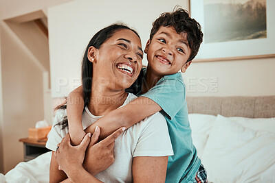 Buy stock photo Bed, mother and boy with love, hug and playful with quality time, relationship and happiness. Family, mama and male child with joy, home or fun in a bedroom, weekend or embrace with a loving smile