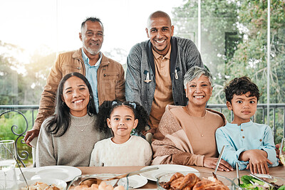 Buy stock photo Portrait, smile and family with food, lunch and happiness with quality time, relax and celebration. Face, grandparents and mother with father, children and kids with dinner meal, home and nutrition