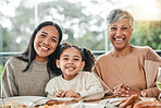 Smile, food and relax with portrait of family in dining room for lunch, happy and holiday celebration Thanksgiving, party and dinner with women at table in home for nutrition, happiness and love