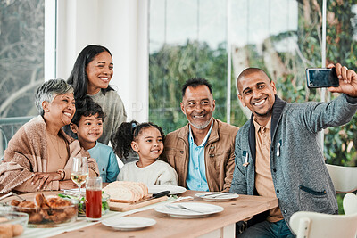 Buy stock photo Family, food and smile for selfie at lunch, dinner or celebrate party together at home. Happy generations of kids, parents and grandparents in profile picture, quality time or reunion at dining table