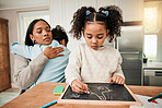 Child learning, family support and mom care with chalkboard, writing and school homework at home. Mother, young girl and knowledge development with kid in a house with education for homeschool