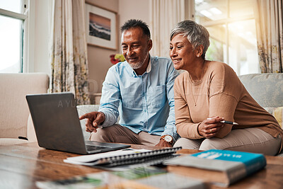 Buy stock photo Mature couple, sofa and laptop for planning finance, retirement funding and investment or asset management at home. Elderly people or man and woman reading information on computer for pension savings