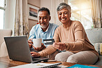 Senior couple, credit card and laptop for home online shopping, payment and fintech, savings or loan. Happy elderly woman and man with debit, banking investment and finance or e commerce on computer