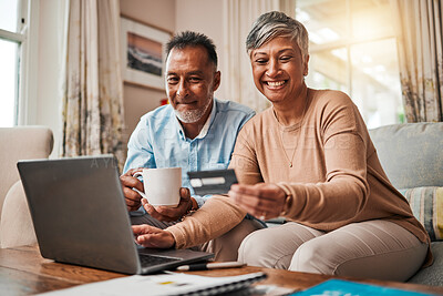 Buy stock photo Senior couple, credit card and laptop for home online shopping, payment and fintech, savings or loan. Happy elderly woman and man with debit, banking investment and finance or e commerce on computer