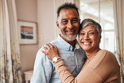 Buy stock photo Portrait, happy and senior couple in home living room for bonding together. Face, elderly man and Indian woman in lounge to smile for quality time, hug for support and embrace for love in retirement