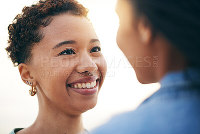 Buy stock photo Face, lesbian or happy gay couple with love, care and pride in LGBTQ community with smile or support. Friends, women or people in nature for freedom, romantic date or commitment on holiday vacation