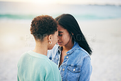Buy stock photo Love, lesbian partner or gay couple outdoor with trust, care and pride in summer. LGBTQ women, friends or people touch forehead in nature for freedom, romantic date and commitment on beach holiday