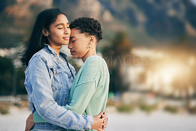 Buy stock photo Women hug, lesbian and couple with peace and love, pride with gen z youth and romance outdoor. Female people together, gay relationship and lgbt with date, partner and trust with embrace and support