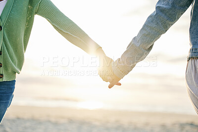 Buy stock photo Woman couple, holding hands and beach for love, support or lesbian pride in trust on outdoor vacation. Closeup of gay women touching in relationship together for LGBTQ romance by the ocean coast