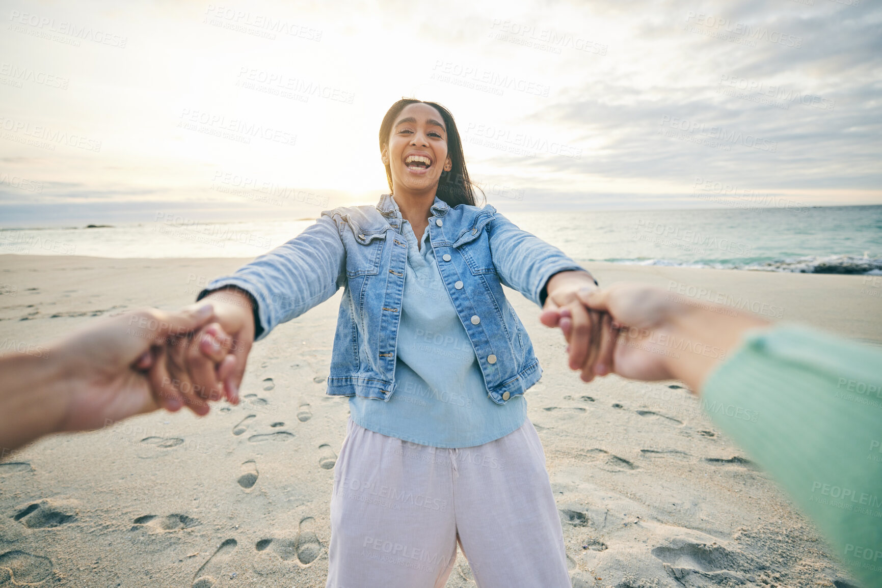 Buy stock photo Love, funny and a couple on the beach together for fun at sunset during summer vacation or holiday. Nature, trust and romance with a woman laughing on the sand while on a date with her girlfriend