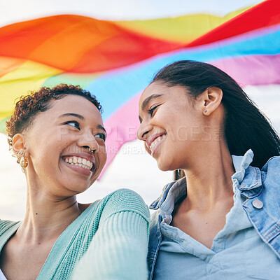 Buy stock photo Happy, couple and lesbian with women in selfie, pride flag and lgbt relationship with love and happiness. Female people smile in picture, gen z youth and gay equality, support and trust with partner 