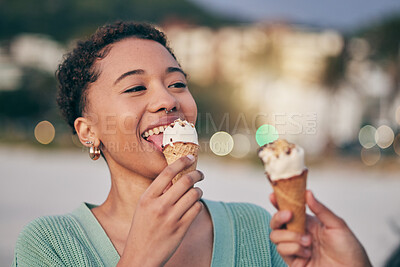 Buy stock photo Woman, eating ice cream and beach with smile, thinking and memory for sweets, treat and cone on summer vacation. African girl, gelato and happy for dessert, food or candy by ocean for holiday outdoor