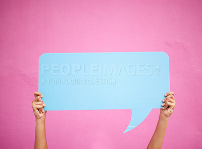 Buy stock photo Social media, hands and communication speech bubble mockup or opinion, review or feedback space for advertising placement. Quote, dialogue box and person with a sign or billboard, banner or chat