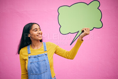Buy stock photo Woman, speech bubble and quote on social media, mockup or opinion, review and space for feedback or advertising placement. Gen z, dialogue box and sign for communication on billboard, banner or chat