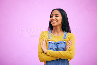 Buy stock photo Smile, woman and happy with arms crossed in studio with mockup space, gen z style and fashion. Pink background, female person and girl with confidence and idea with modern, trendy and clothing