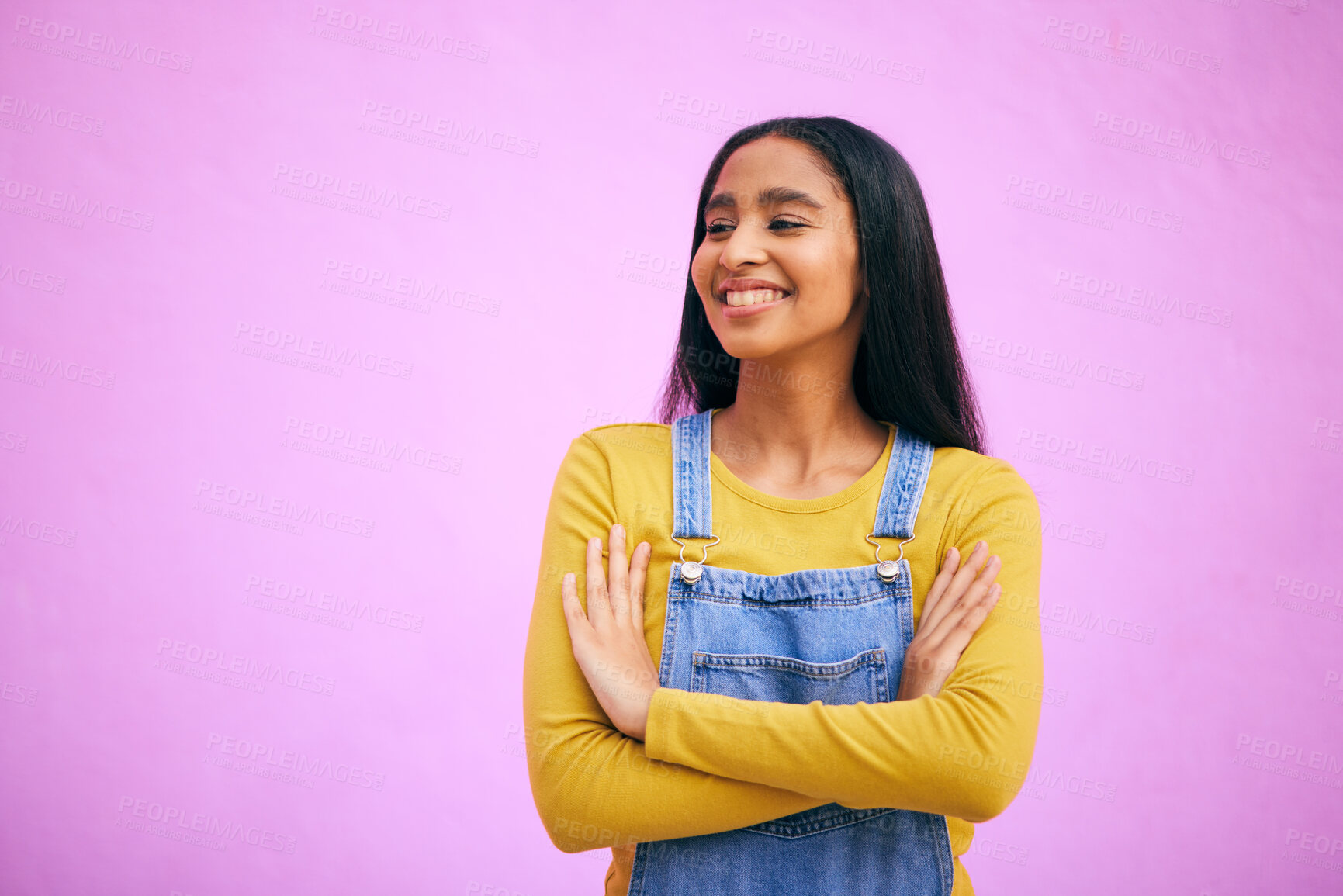 Buy stock photo Smile, woman and happy with arms crossed in studio with mockup space, gen z style and fashion. Pink background, female person and girl with confidence and idea with modern, trendy and clothing